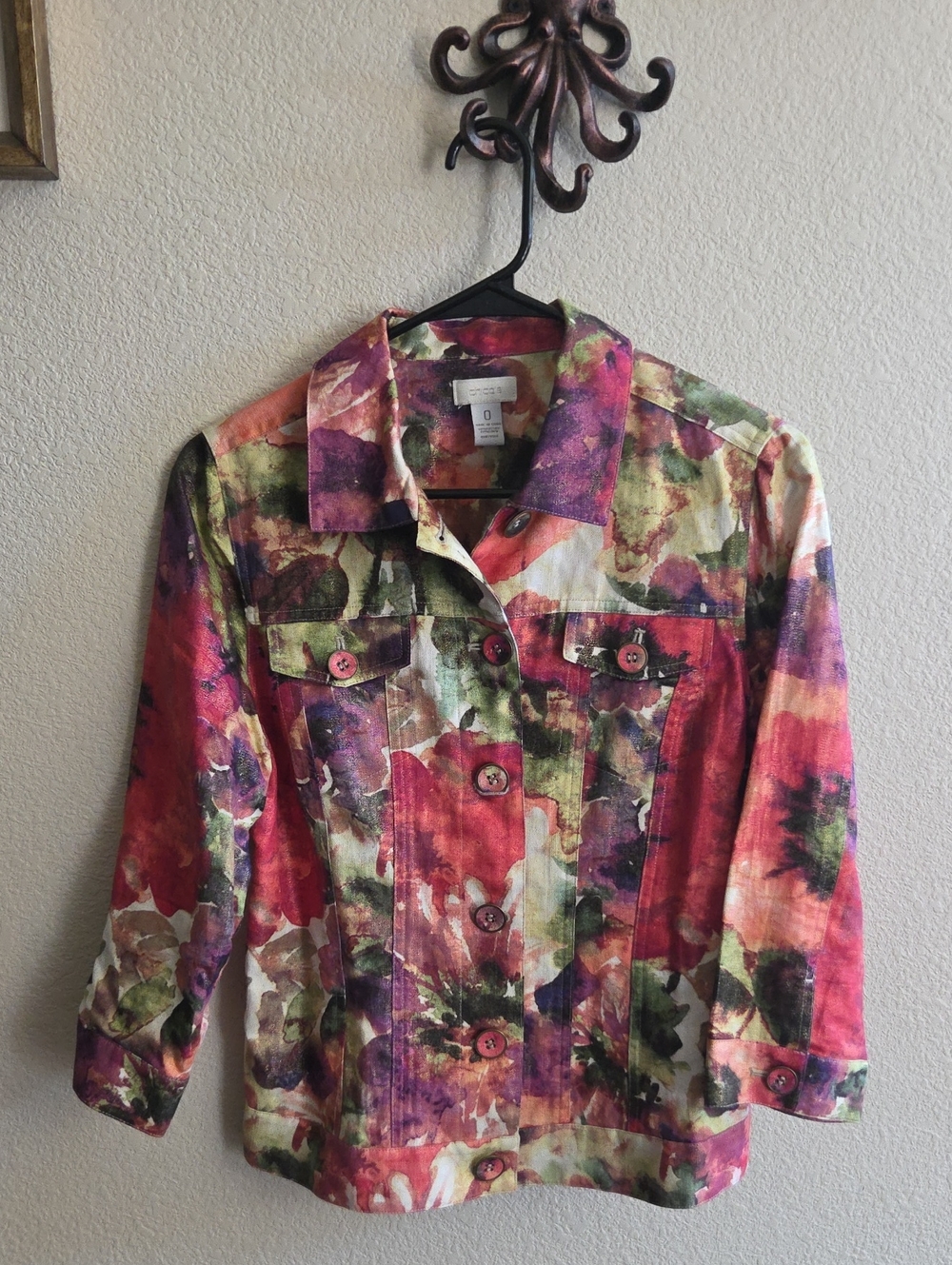 Chico's Vibrant Multi-Color Floral Jean Jacket Womens Size 0